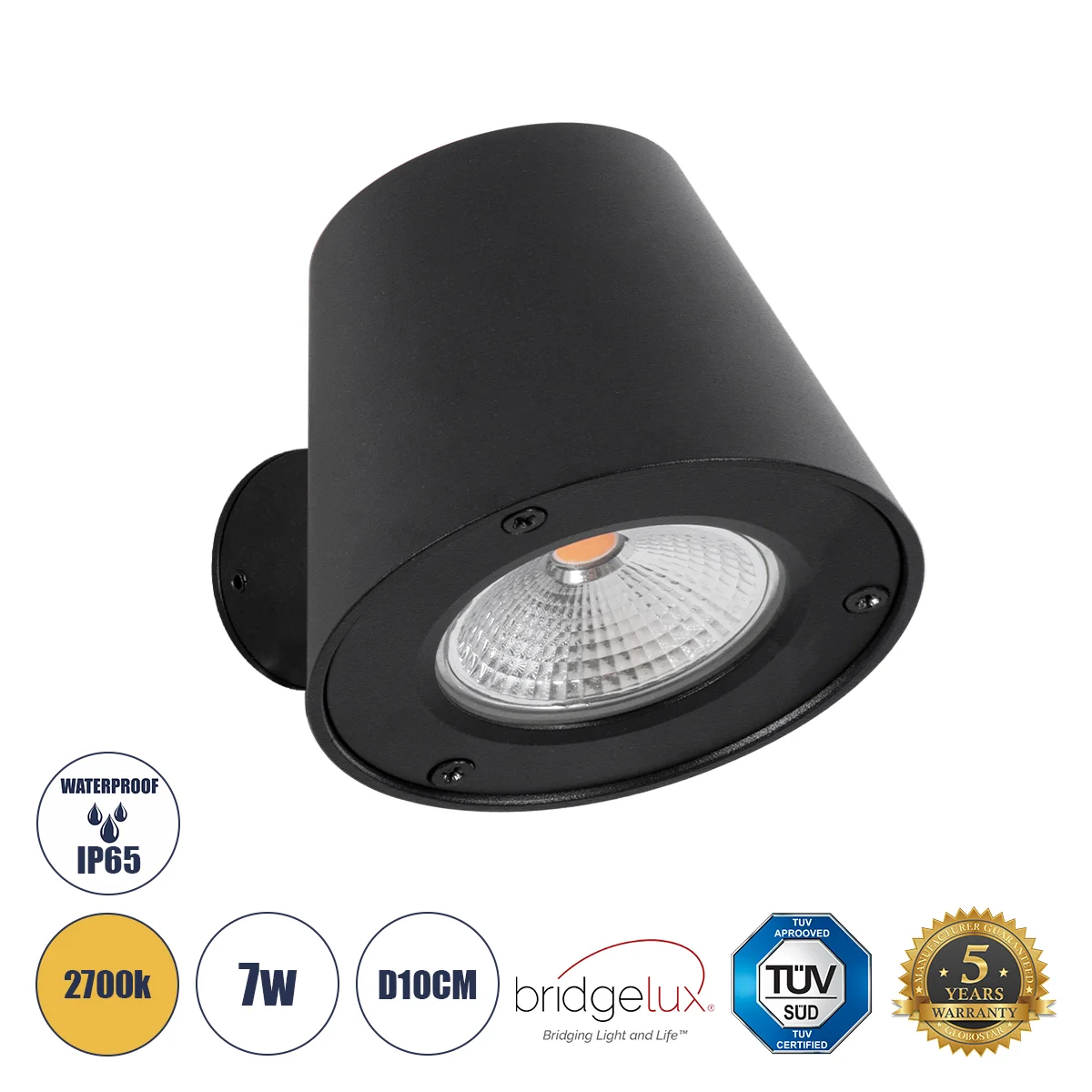 Φωτογραφία προϊόντος: GLOBOSTAR® GARDENIA 60799 Μοντέρνο Φωτιστικό Τοίχου - Απλίκα LED 7W 700lm 60° AC 220-240V Αδιάβροχο IP65 Θερμό Λευκό 2700K - Bridgelux COB Chip & TÜV SÜD Driver - Μαύρο Ματ - Μ9.5