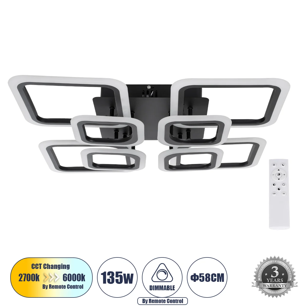 Φωτογραφία προϊόντος: GLOBOSTAR® ROYAL-S 61325 Μοντέρνο Φωτιστικό Οροφής LED 135W 16200lm 360° AC 220-240V IP20 Ρυθμιζόμενο Λευκό CCT με Χειριστήριο από 2700K έως 6000K Dimmable - Lumileds SMD Chip - Μα