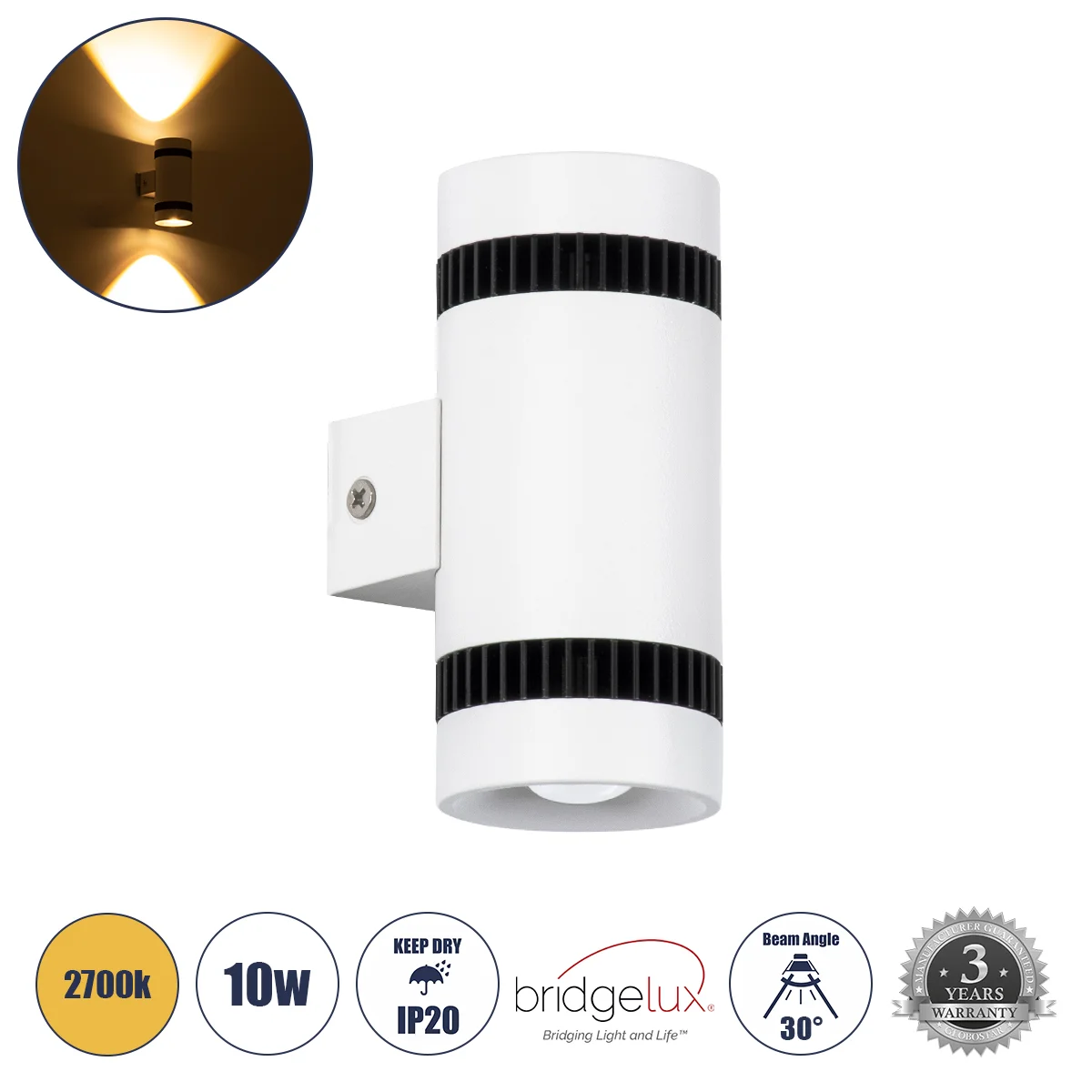 Φωτογραφία προϊόντος: GLOBOSTAR® CANNONAL 60575 Μοντέρνο Φωτιστικό Τοίχου - Απλίκα LED 10W 1150lm 30° AC 220-240V IP20 Θερμό Λευκό 2700K - Bridgelux COB Chip & TÜV SÜD Driver - Μαύρο Ματ & Λευκό Ματ - Μ