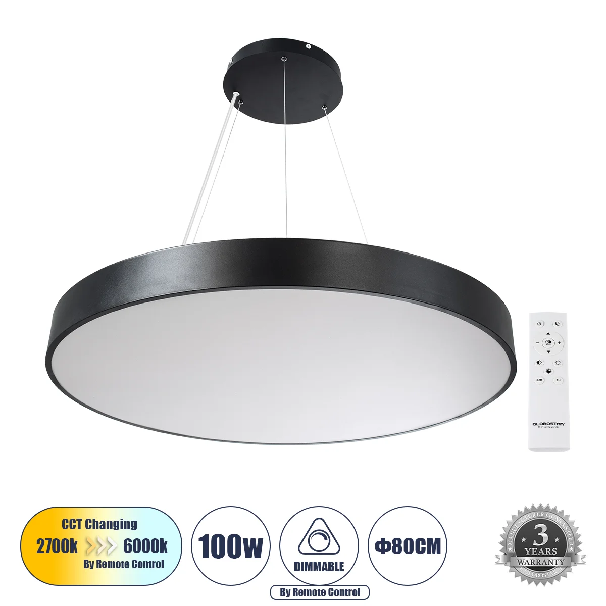Φωτογραφία προϊόντος: GLOBOSTAR® BURTON 61204 Μοντέρνο Κρεμαστό Φωτιστικό Οροφής LED 100W 10000lm 120° AC 220-240V IP20 Ρυθμιζόμενο Λευκό CCT με Χειριστήριο από 2700K έως 6000K Dimmable - Lumileds SMD C