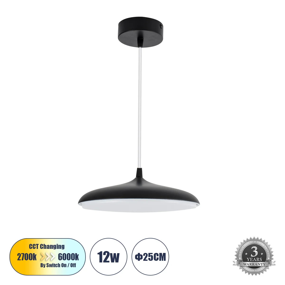 Φωτογραφία προϊόντος: GLOBOSTAR® BARON 61251 Μοντέρνο Κρεμαστό Φωτιστικό Οροφής LED 12W 1440lm 120° AC 220-240V IP20 Ρυθμιζόμενο Λευκό CCT με On/Off 2700K/4500K/6000K - Lumileds SMD Chip - Μαύρο Ματ - Μ