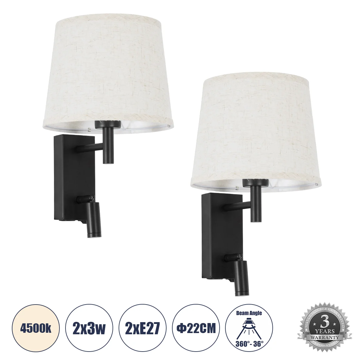 Φωτογραφία προϊόντος: GLOBOSTAR® ROULETTE-R 61379 Μοντέρνο Φωτιστικό Τοίχου - Απλίκα Ξενοδοχείου Reading Light με Φορτιστή USB 3A & Ντουί 1 x E27 LED 3W 360lm 36° & 360° AC 220-240V IP20 Φυσικό Λευκό 45