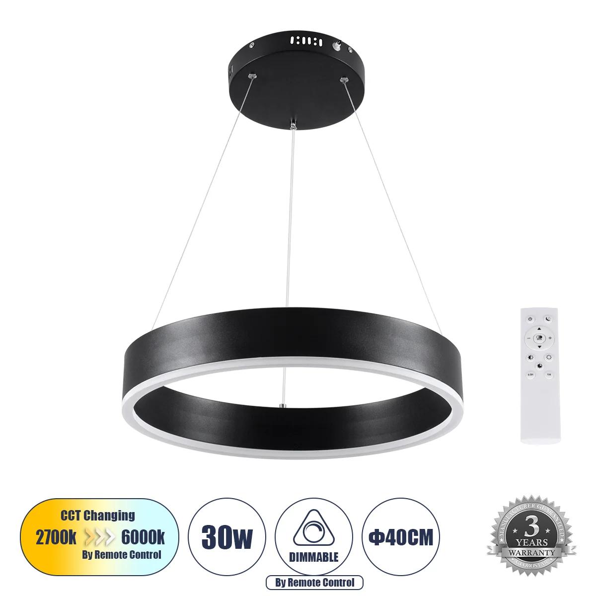 Φωτογραφία προϊόντος: GLOBOSTAR® VENOM 61173 Μοντέρνο Κρεμαστό Φωτιστικό Οροφής LED 30W 3513lm 120° AC 220-240V IP20 Ρυθμιζόμενο Λευκό CCT με Χειριστήριο από 2700K έως 6000K Dimmable - Lumileds SMD Chip