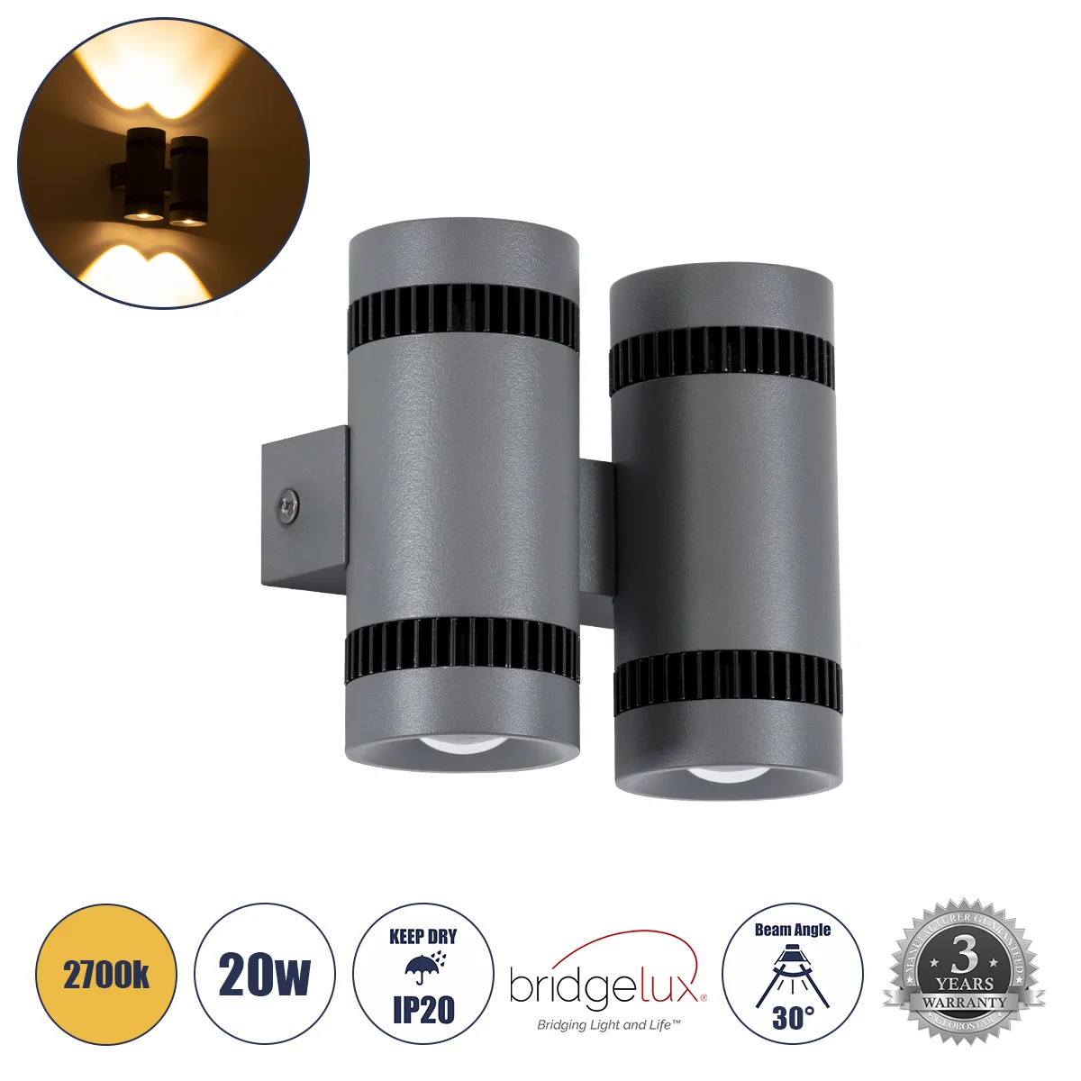 Φωτογραφία προϊόντος: GLOBOSTAR® CANNONAL 60579 Μοντέρνο Φωτιστικό Τοίχου - Απλίκα LED 20W 2300lm 30° AC 220-240V IP20 Θερμό Λευκό 2700K - Bridgelux COB Chip & TÜV SÜD Driver - Μαύρο Ματ & Γκρι Ανθρακί