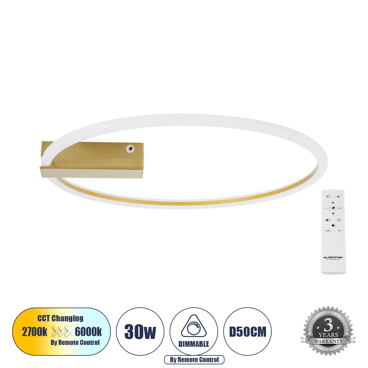 Φωτογραφία προϊόντος: GLOBOSTAR® CINDERELLA 60982 Μοντέρνο Φωτιστικό Οροφής LED 30W 3360lm 360° AC 220-240V IP20 Ρυθμιζόμενο Λευκό CCT με Χειριστήριο από 2700K έως 6000K Dimmable - Lumileds SMD Chip - Χ