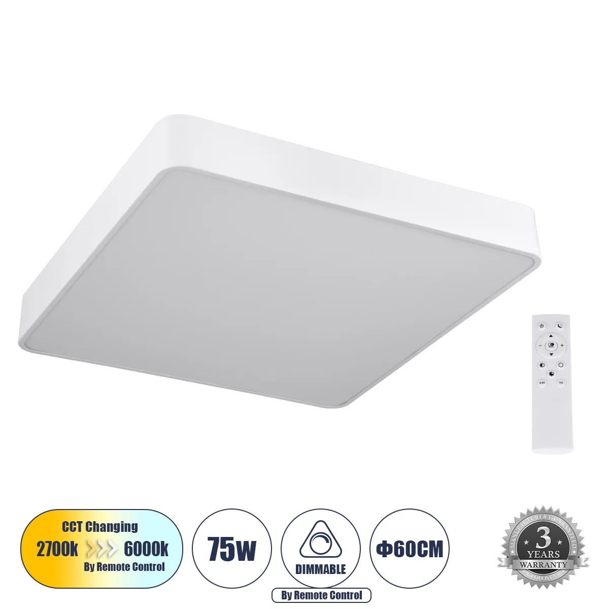 Φωτογραφία προϊόντος: GLOBOSTAR® KAMALA 61209-S Μοντέρνο Φωτιστικό Οροφής LED 75W 8625lm 120° AC 220-240V IP20 Ρυθμιζόμενο Λευκό CCT με Χειριστήριο από 2700K έως 6000K Dimmable - Lumileds SMD Chip - Λευ