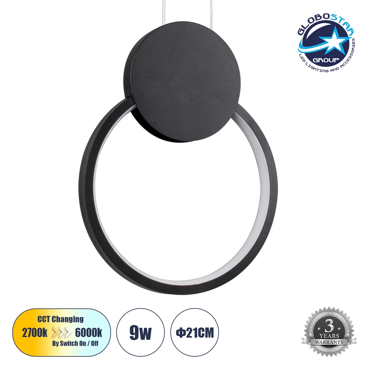 Φωτογραφία προϊόντος: GLOBOSTAR® CYCLOS 61073 Μοντέρνο Κρεμαστό Φωτιστικό Οροφής LED 9W 1080lm 300° AC 220-240V IP20 Ρυθμιζόμενο Λευκό CCT με On/Off 2700K/4500K/6000K - Lumileds SMD Chip - Μαύρο Ματ - Μ