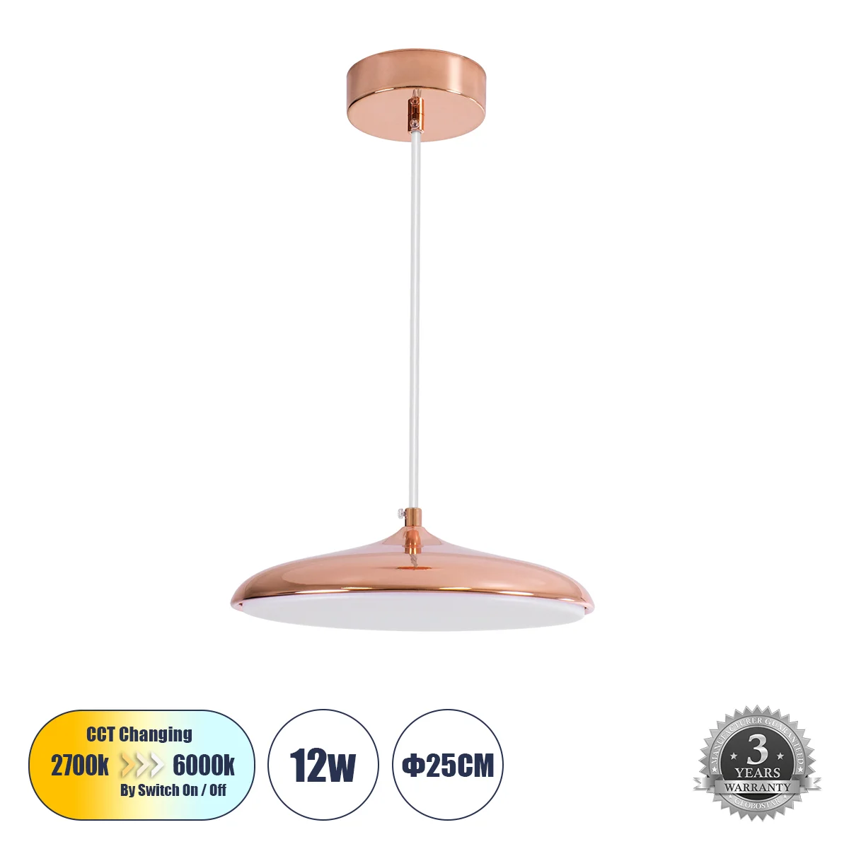 Φωτογραφία προϊόντος: GLOBOSTAR® BARON 61253 Μοντέρνο Κρεμαστό Φωτιστικό Οροφής LED 12W 1440lm 120° AC 220-240V IP20 Ρυθμιζόμενο Λευκό CCT με On/Off 2700K/4500K/6000K - Lumileds SMD Chip - Ροζ Χρυσό - Μ