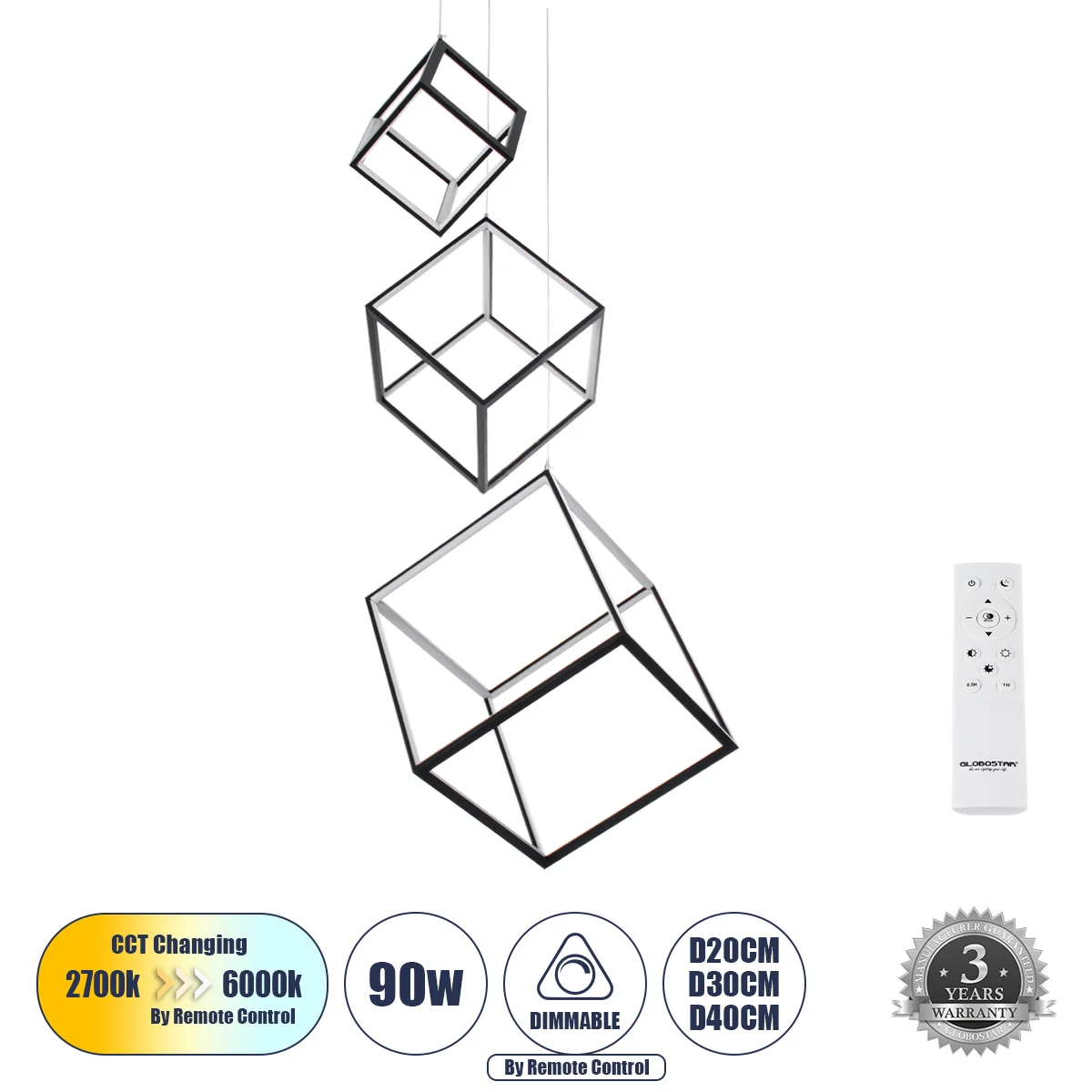 Φωτογραφία προϊόντος: GLOBOSTAR® KIBOO-TRIO 60931 Μοντέρνο Κρεμαστό Φωτιστικό Οροφής LED 90W 10350lm 360° AC 220-240V IP20 Ρυθμιζόμενο Λευκό CCT με Χειριστήριο από 2700K έως 6000K Dimmable - Lumileds SM
