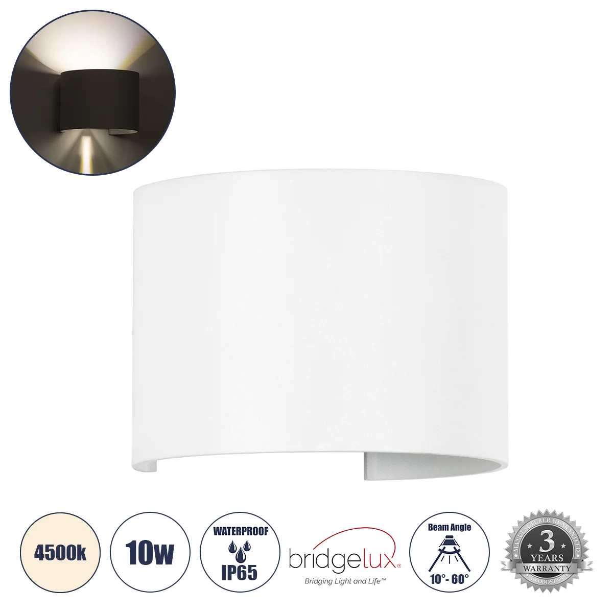 Φωτογραφία προϊόντος: GLOBOSTAR® AXIS-R 60638 Μοντέρνο Φωτιστικό Τοίχου - Απλίκα LED 10W 1200lm 5°/60° AC 220-240V Αδιάβροχο IP65 Φυσικό Λευκό 4500K - Bridgelux COB Chip & TÜV SÜD Driver - Λευκό Ματ - Μ