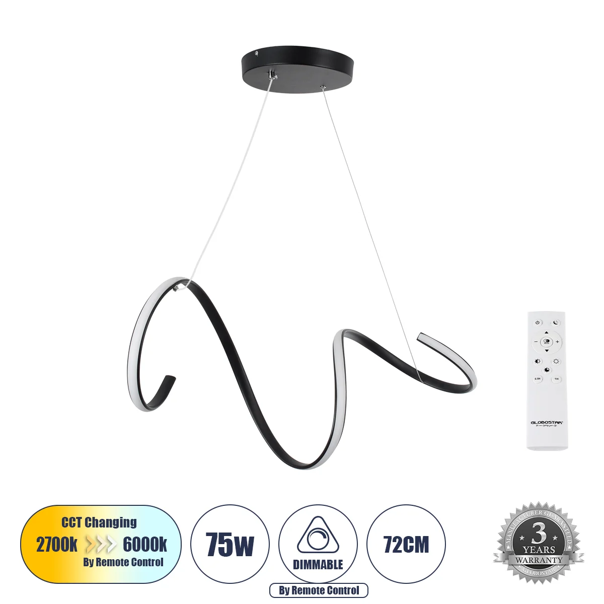 Φωτογραφία προϊόντος: GLOBOSTAR® SPIRALE 61283 Μοντέρνο Κρεμαστό Φωτιστικό Οροφής LED 75W 8400lm 300° AC 220-240V IP20 Ρυθμιζόμενο Λευκό CCT με Χειριστήριο από 2700K έως 6000K Dimmable - Lumileds SMD Ch