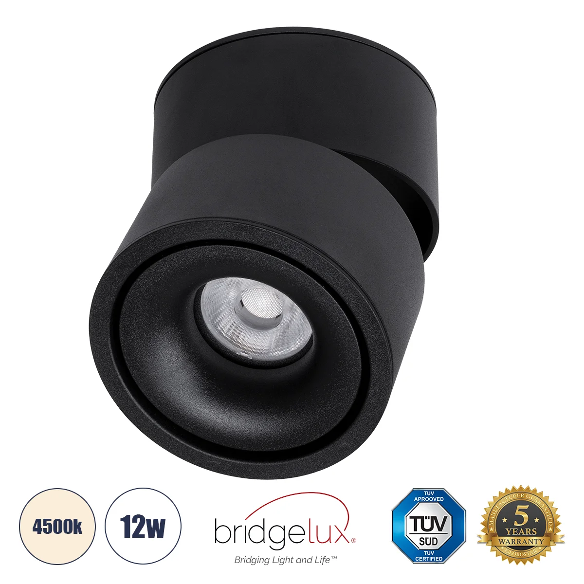Φωτογραφία προϊόντος: GLOBOSTAR® OMEGA-S 60300 Κινούμενο Downlight Σποτ LED 12W 1560lm 36° AC 220-240V IP20 Φυσικό Λευκό 4500K - Bridgelux COB Chip & TÜV SÜD Driver - Μαύρο Ματ - Μ10 x Π10 x Υ10.5cm - 5
