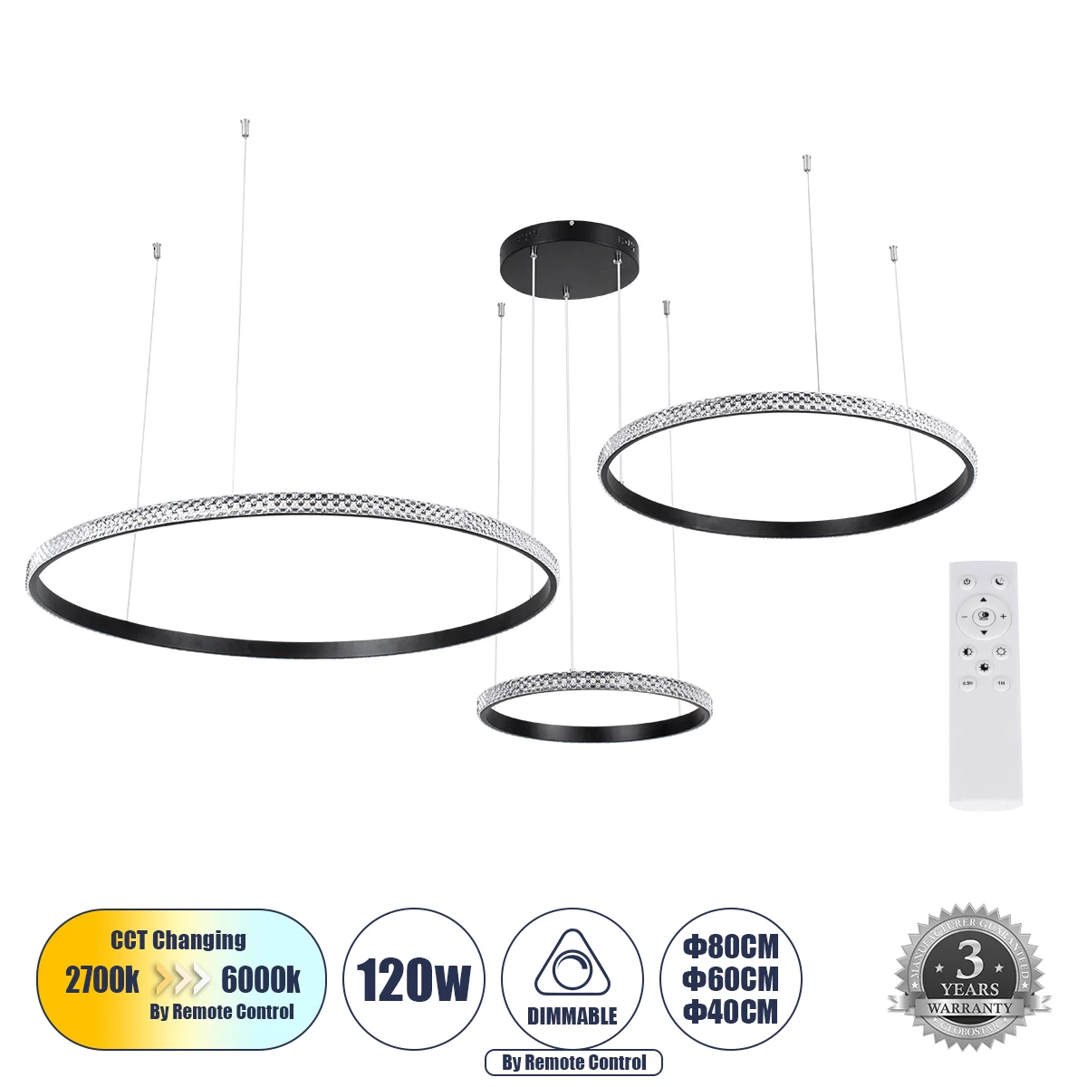 Φωτογραφία προϊόντος: GLOBOSTAR® DIAMOND TRIO 61144 Μοντέρνο Κρεμαστό Φωτιστικό Οροφής LED 120W 14723lm 360° AC 220-240V IP20 Ρυθμιζόμενο Λευκό CCT με Χειριστήριο από 2700K έως 6000K Dimmable - Lumileds