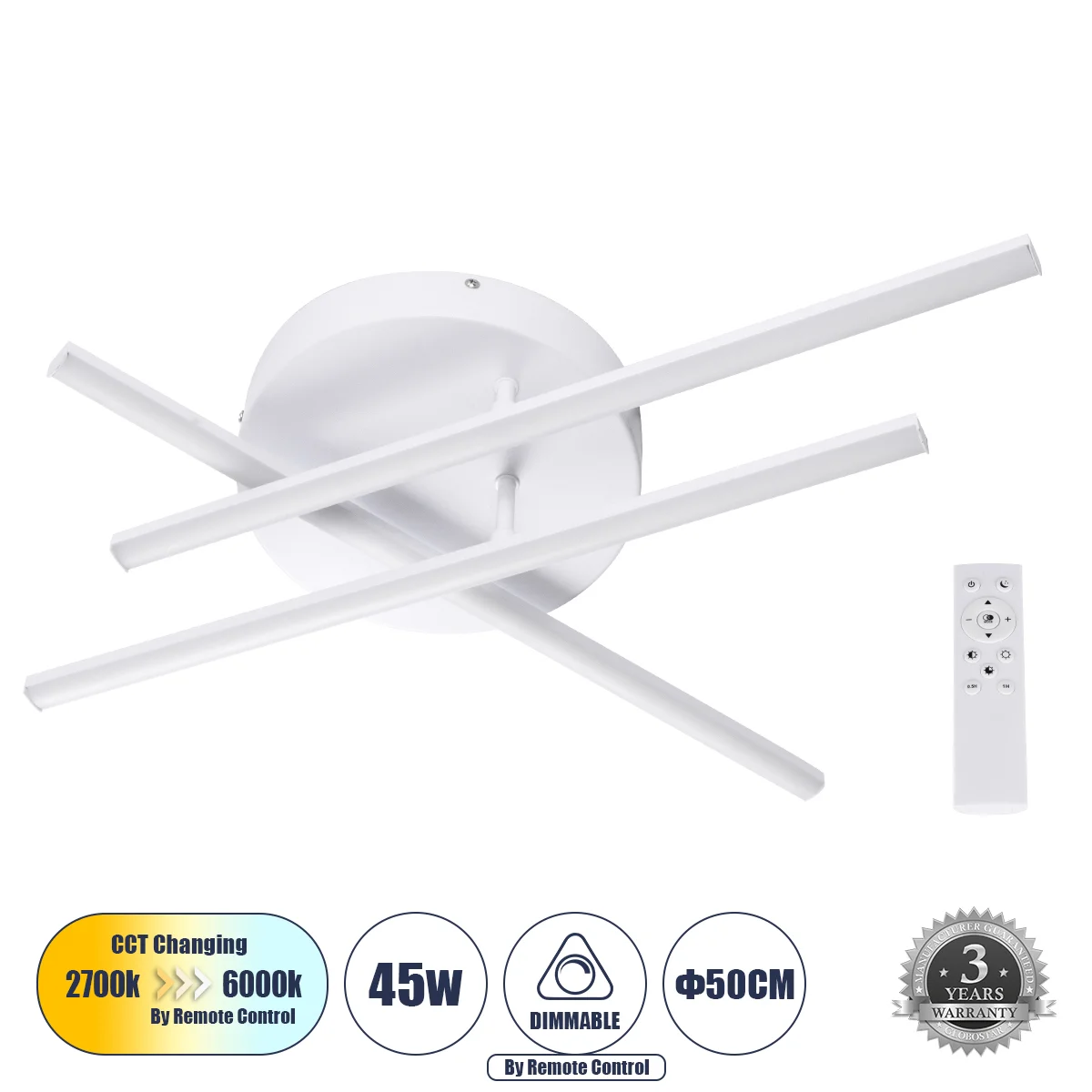 Φωτογραφία προϊόντος: GLOBOSTAR® DRACO 61094 Μοντέρνο Φωτιστικό Οροφής LED 45W 5535lm 120° AC 220-240V IP20 Ρυθμιζόμενο Λευκό CCT με Χειριστήριο από 2700K έως 6000K Dimmable - Lumileds SMD Chip - Λευκό