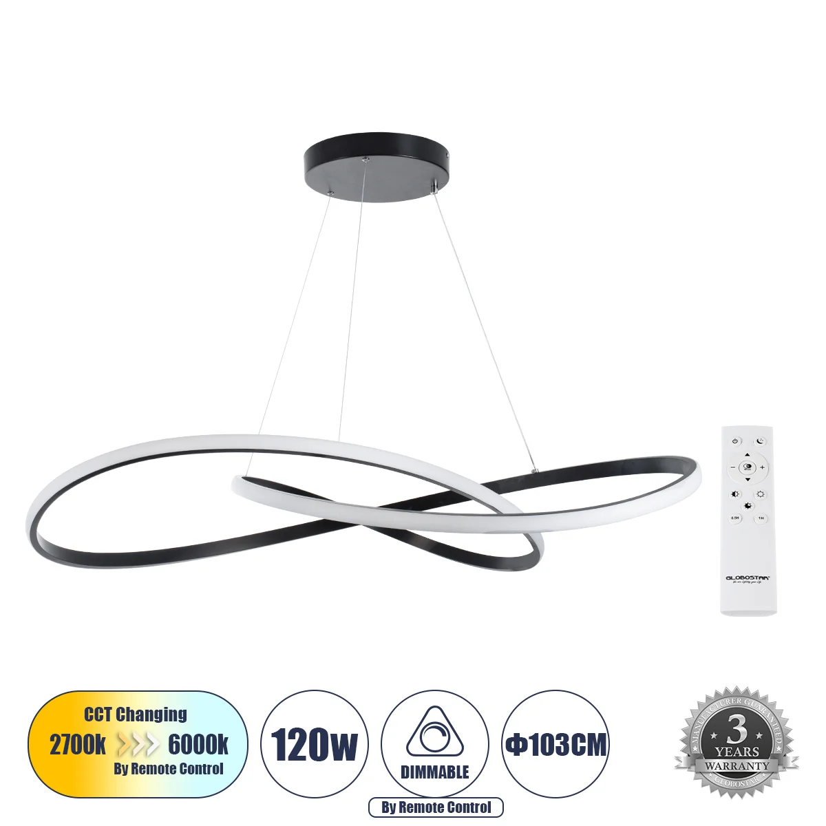 Φωτογραφία προϊόντος: GLOBOSTAR® DEXTER 60917 Μοντέρνο Κρεμαστό Φωτιστικό Οροφής LED 120W 13440lm 300° AC 220-240V IP20 Ρυθμιζόμενο Λευκό CCT με Χειριστήριο από 2700K έως 6000K Dimmable - Lumileds SMD C