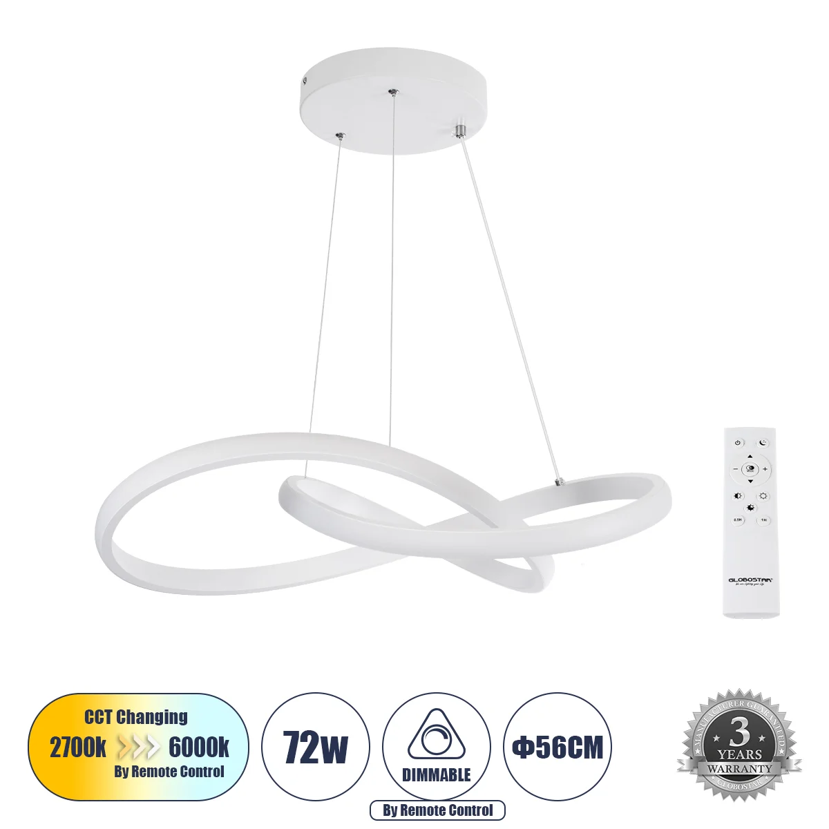 Φωτογραφία προϊόντος: GLOBOSTAR® DEXTER 61050 Μοντέρνο Κρεμαστό Φωτιστικό Οροφής LED 72W 8064lm 300° AC 220-240V IP20 Ρυθμιζόμενο Λευκό CCT με Χειριστήριο από 2700K έως 6000K Dimmable - Lumileds SMD Chi
