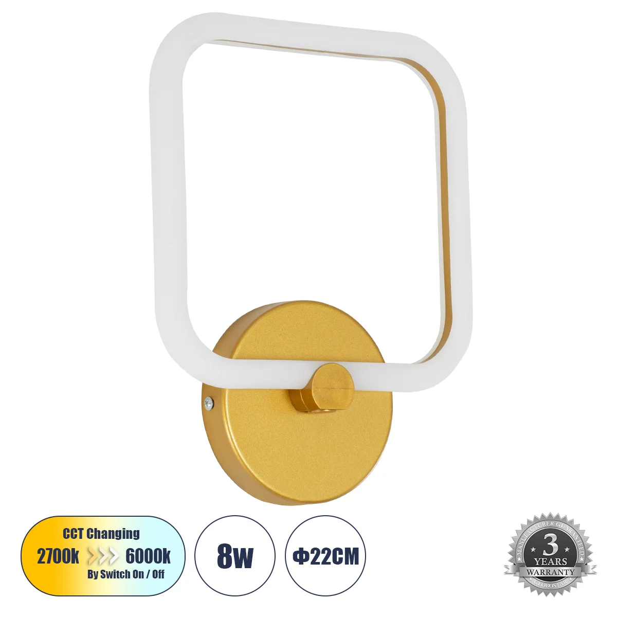 Φωτογραφία προϊόντος: GLOBOSTAR® ELIZA 61344 Μοντέρνο Φωτιστικό Τοίχου - Απλίκα LED 8W 960lm 360° AC 220-240V IP20 Ρυθμιζόμενο Λευκό CCT με On/Off 2700K/4500K/6000K - Lumileds SMD Chip - Χρυσό - Μ22 x Π