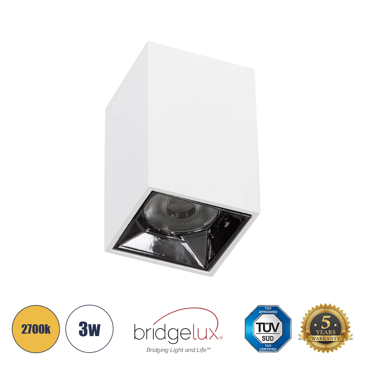 Φωτογραφία προϊόντος: GLOBOSTAR® LUMINAR 60323 Downlight Σποτ LED 3W 405lm 36° AC 220-240V IP20 Θερμό Λευκό 2700K - Osram SMD Chip & TÜV SÜD Driver - Λευκό Ματ - Μ4.2 x Π4.2 x Υ6.6cm - 5 Χρόνια Εγγύηση