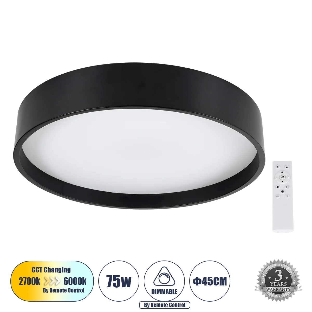 Φωτογραφία προϊόντος: GLOBOSTAR® NARNIA 61257 Μοντέρνο Φωτιστικό Οροφής LED 75W 8625lm 120° AC 220-240V IP20 Ρυθμιζόμενο Λευκό CCT με Χειριστήριο από 2700K έως 6000K Dimmable - Lumileds SMD Chip - Μαύρο
