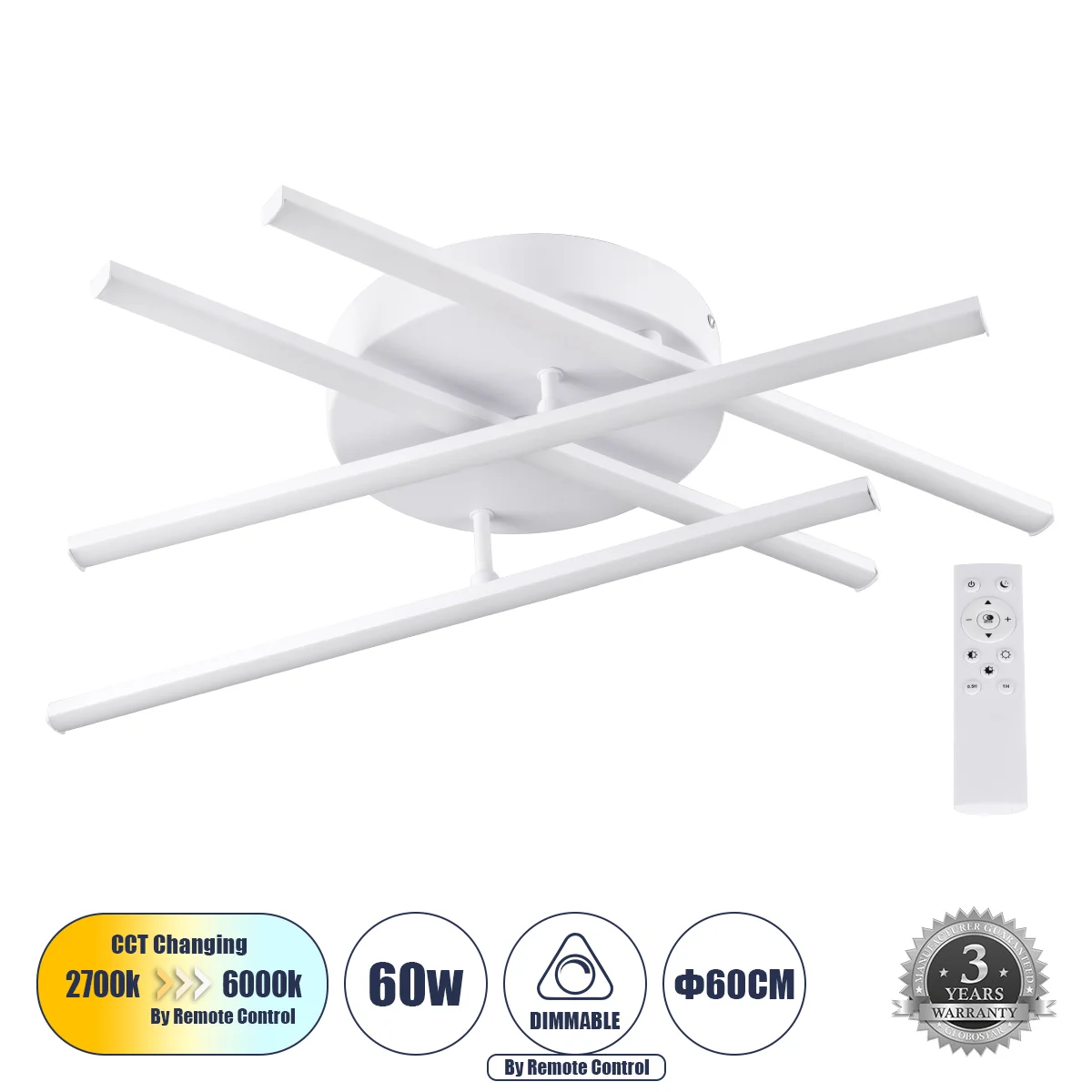 Φωτογραφία προϊόντος: GLOBOSTAR® DRACO 61096 Μοντέρνο Φωτιστικό Οροφής LED 60W 7380lm 120° AC 220-240V IP20 Ρυθμιζόμενο Λευκό CCT με Χειριστήριο από 2700K έως 6000K Dimmable - Lumileds SMD Chip - Λευκό