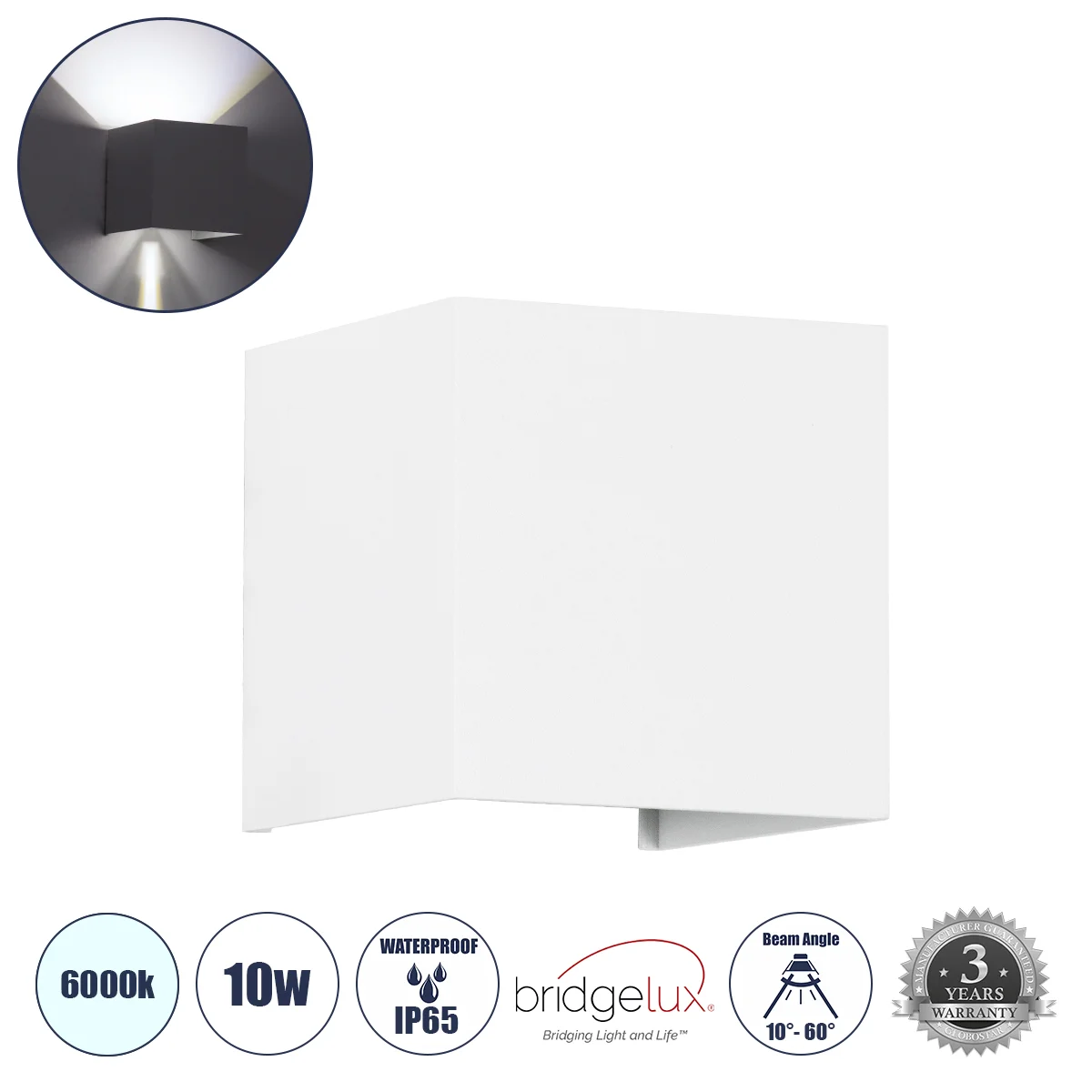 Φωτογραφία προϊόντος: GLOBOSTAR® AXIS-S 60566 Μοντέρνο Φωτιστικό Τοίχου - Απλίκα LED 10W 1250lm 5°/60° AC 220-240V Αδιάβροχο IP65 Ψυχρό Λευκό 6000K - Bridgelux COB Chip & TÜV SÜD Driver - Λευκό Ματ - Μ1