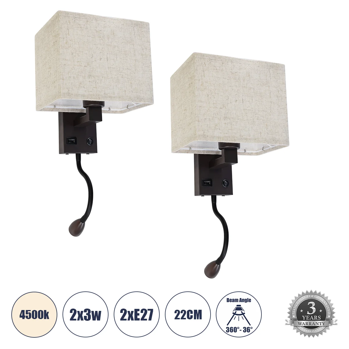 Φωτογραφία προϊόντος: GLOBOSTAR® ROULETTE-S 61384 Μοντέρνο Φωτιστικό Τοίχου - Απλίκα Ξενοδοχείου Reading Light με Φορτιστή USB 3A & Ντουί 1 x E27 LED 3W 360lm 36° & 360° AC 220-240V IP20 Φυσικό Λευκό 45