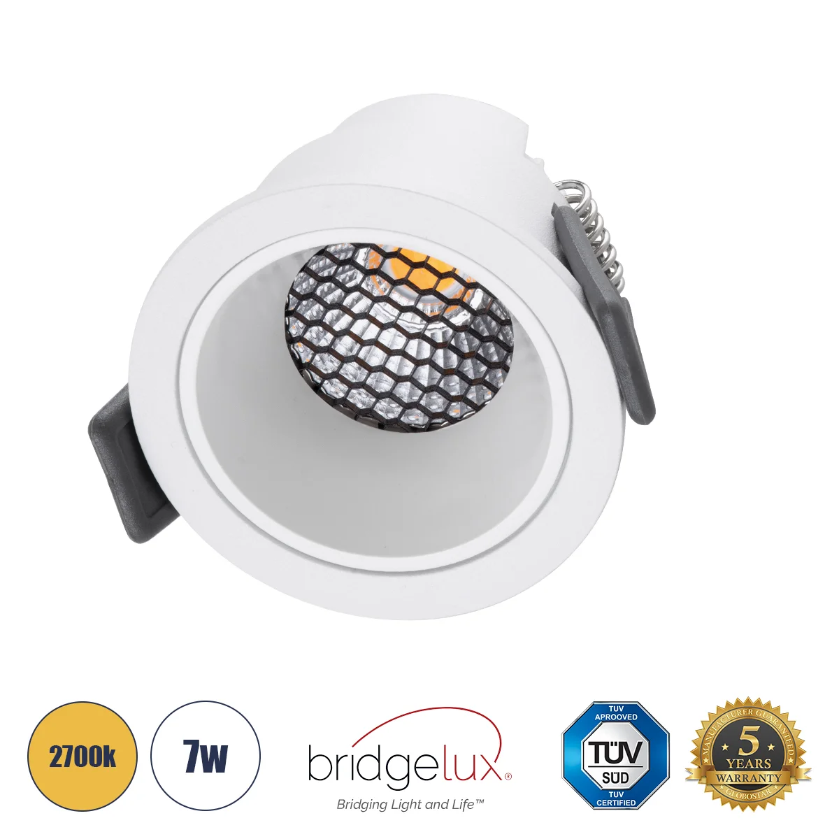 Φωτογραφία προϊόντος: GLOBOSTAR® PLUTO-S 60249 Χωνευτό Downlight Σποτ με Honeycomb Anti Glare Reflector LED 7W 875lm 38° AC 220-240V IP20 Θερμό Λευκό 2700K - Bridgelux COB Chip & TÜV SÜD Driver - Λευκό