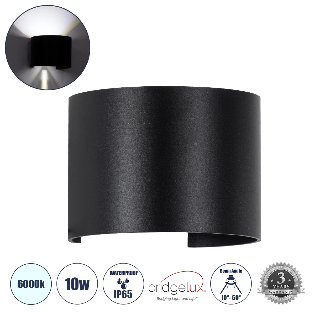 Φωτογραφία προϊόντος: GLOBOSTAR® AXIS-R 60643 Μοντέρνο Φωτιστικό Τοίχου - Απλίκα LED 10W 1250lm 5°/60° AC 220-240V Αδιάβροχο IP65 Ψυχρό Λευκό 6000K - Bridgelux COB Chip & TÜV SÜD Driver - Μαύρο Ματ - Μ1
