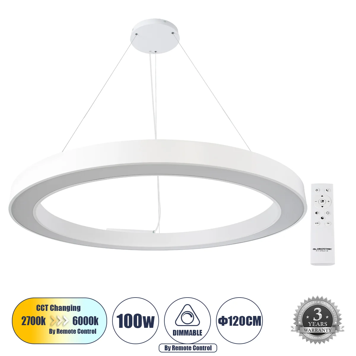 Φωτογραφία προϊόντος: GLOBOSTAR® RA 61199 Μοντέρνο Κρεμαστό Φωτιστικό Οροφής LED 100W 11020lm 120° AC 220-240V IP20 Ρυθμιζόμενο Λευκό CCT με Χειριστήριο από 2700K έως 6000K Dimmable - Lumileds SMD Chip