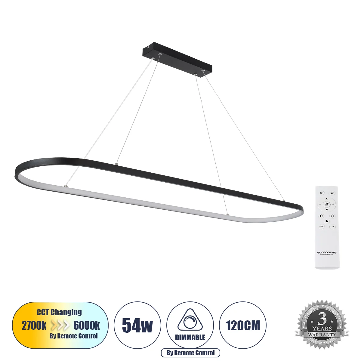 Φωτογραφία προϊόντος: GLOBOSTAR® BOLIVAR 61271 Μοντέρνο Κρεμαστό Φωτιστικό Οροφής LED 54W 6210lm 360° AC 220-240V IP20 Ρυθμιζόμενο Λευκό CCT με Χειριστήριο από 2700K έως 6000K Dimmable - Lumileds SMD Ch