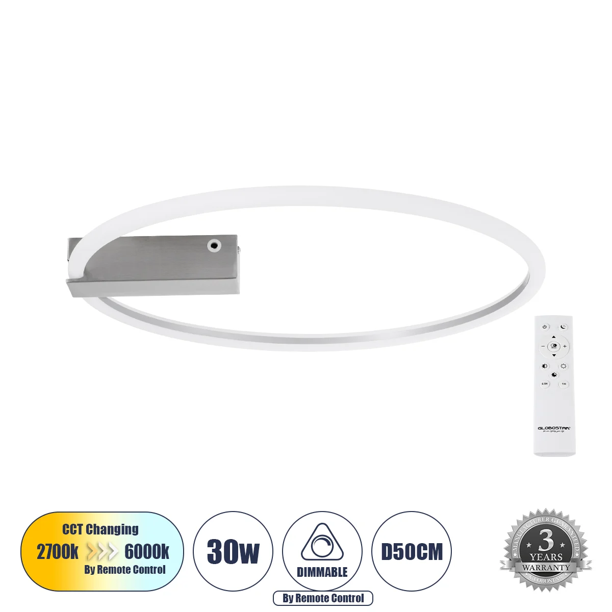 Φωτογραφία προϊόντος: GLOBOSTAR® CINDERELLA 60983 Μοντέρνο Φωτιστικό Οροφής LED 30W 3360lm 360° AC 220-240V IP20 Ρυθμιζόμενο Λευκό CCT με Χειριστήριο από 2700K έως 6000K Dimmable - Lumileds SMD Chip - Ν