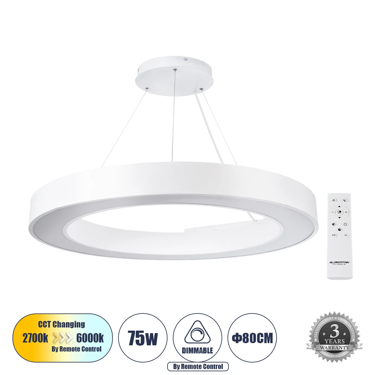 Φωτογραφία προϊόντος: GLOBOSTAR® RA 61197 Μοντέρνο Κρεμαστό Φωτιστικό Οροφής LED 75W 8250lm 120° AC 220-240V IP20 Ρυθμιζόμενο Λευκό CCT με Χειριστήριο από 2700K έως 6000K Dimmable - Lumileds SMD Chip -