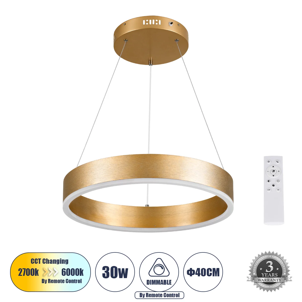Φωτογραφία προϊόντος: GLOBOSTAR® VENOM 61175 Μοντέρνο Κρεμαστό Φωτιστικό Οροφής LED 30W 3513lm 120° AC 220-240V IP20 Ρυθμιζόμενο Λευκό CCT με Χειριστήριο από 2700K έως 6000K Dimmable - Lumileds SMD Chip