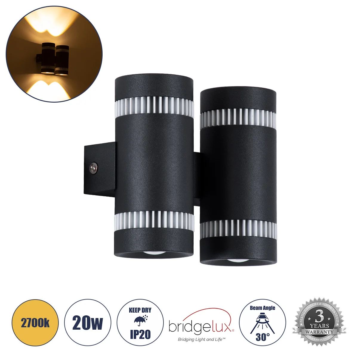 Φωτογραφία προϊόντος: GLOBOSTAR® CANNONAL 60580 Μοντέρνο Φωτιστικό Τοίχου - Απλίκα LED 20W 2300lm 30° AC 220-240V IP20 Θερμό Λευκό 2700K - Bridgelux COB Chip & TÜV SÜD Driver - Μαύρο Ματ & Λευκό Ματ - Μ