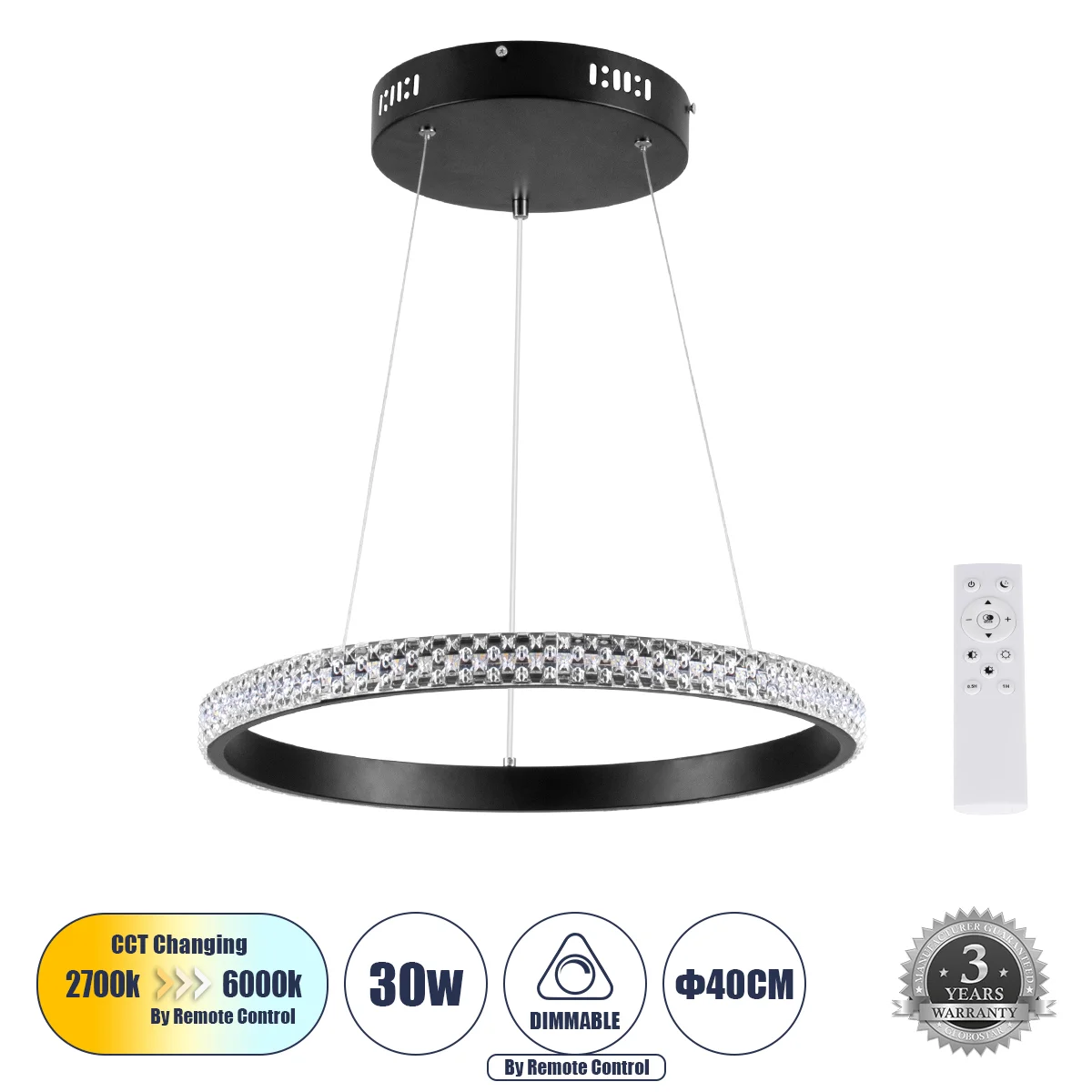 Φωτογραφία προϊόντος: GLOBOSTAR® DIAMOND 61128 Μοντέρνο Κρεμαστό Φωτιστικό Οροφής LED 30W 3513lm 360° AC 220-240V IP20 Ρυθμιζόμενο Λευκό CCT με Χειριστήριο από 2700K έως 6000K Dimmable - Lumileds SMD Ch