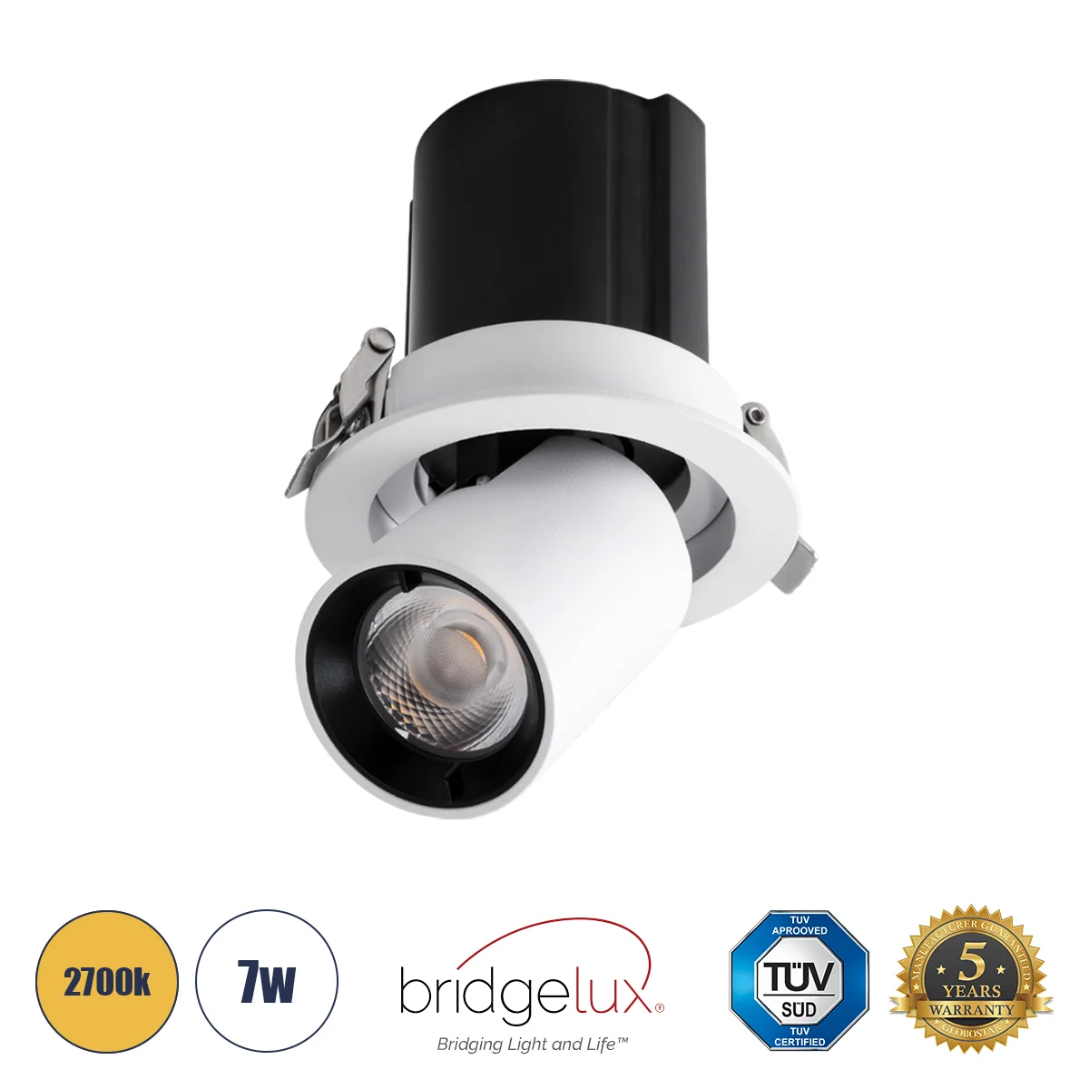 Φωτογραφία προϊόντος: GLOBOSTAR® VIRGO-S 60303 Χωνευτό Κινούμενο Downlight Σποτ LED 7W 875lm 36° AC 220-240V IP20 Θερμό Λευκό 2700K - Bridgelux COB Chip & TÜV SÜD Driver - Λευκό & Μαύρο Ματ - Μ9 x Π9 x