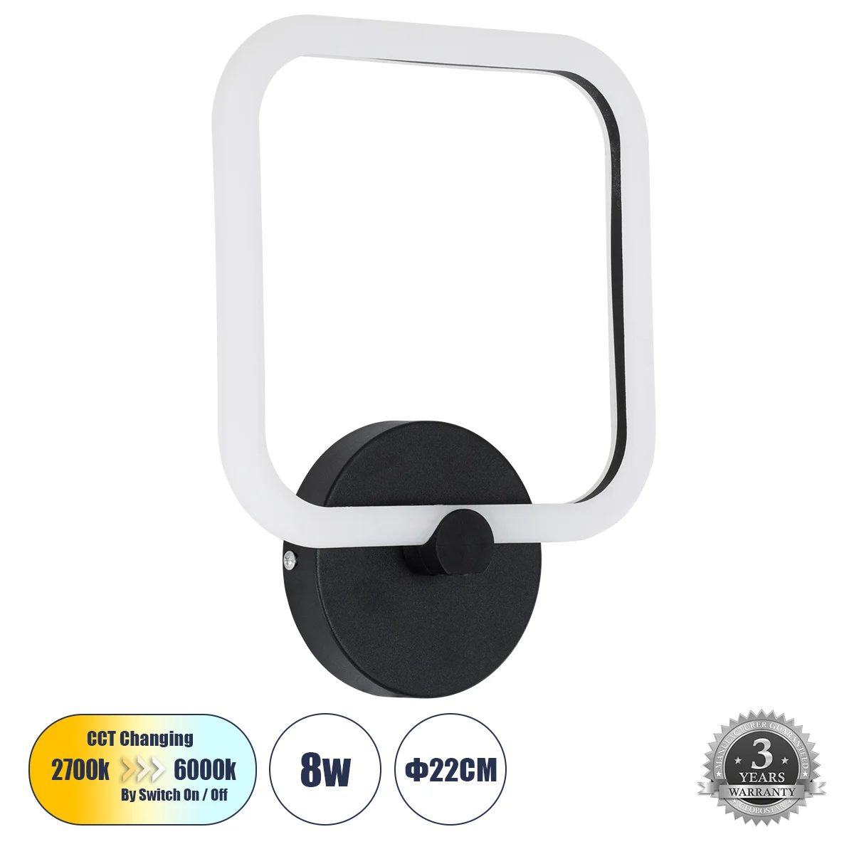 Φωτογραφία προϊόντος: GLOBOSTAR® ELIZA 61343 Μοντέρνο Φωτιστικό Τοίχου - Απλίκα LED 8W 960lm 360° AC 220-240V IP20 Ρυθμιζόμενο Λευκό CCT με On/Off 2700K/4500K/6000K - Lumileds SMD Chip - Μαύρο Ματ - Μ22