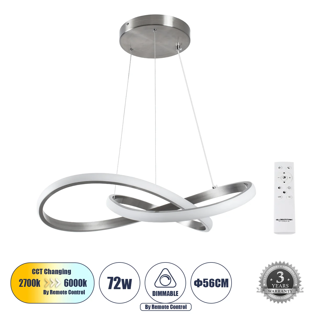 Φωτογραφία προϊόντος: GLOBOSTAR® DEXTER 60498 Μοντέρνο Κρεμαστό Φωτιστικό Οροφής LED 72W 8064lm 300° AC 220-240V IP20 Ρυθμιζόμενο Λευκό CCT με Χειριστήριο από 2700K έως 6000K Dimmable - Lumileds SMD Chi