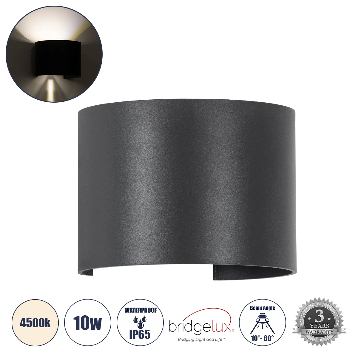 Φωτογραφία προϊόντος: GLOBOSTAR® AXIS-R 60639 Μοντέρνο Φωτιστικό Τοίχου - Απλίκα LED 10W 1200lm 5°/60° AC 220-240V Αδιάβροχο IP65 Φυσικό Λευκό 4500K - Bridgelux COB Chip & TÜV SÜD Driver - Γκρι Ανθρακί