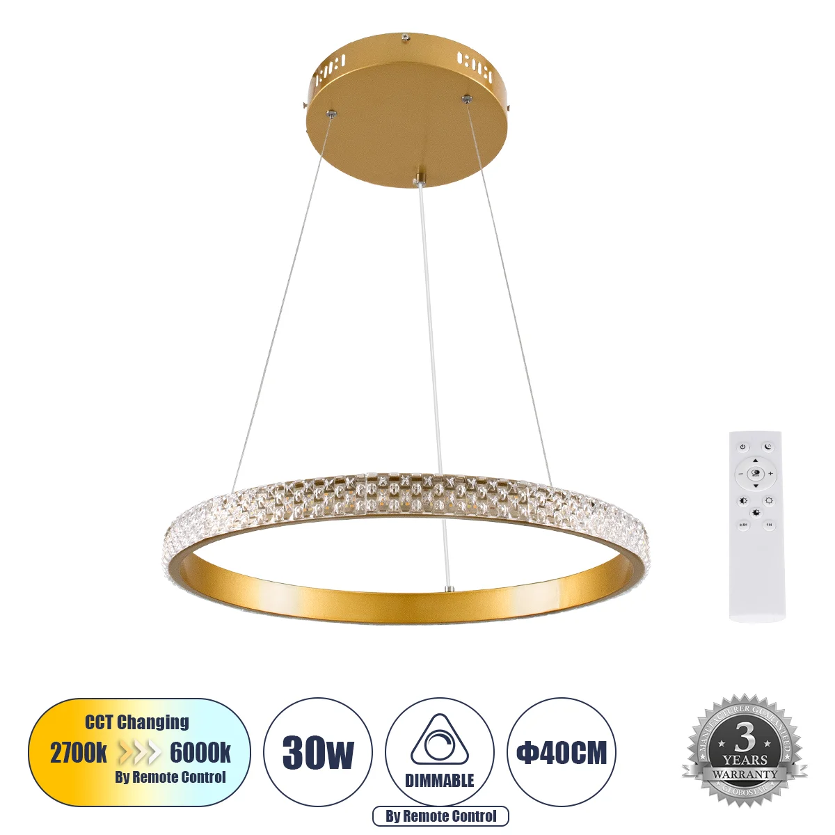Φωτογραφία προϊόντος: GLOBOSTAR® DIAMOND 61129 Μοντέρνο Κρεμαστό Φωτιστικό Οροφής LED 30W 3513lm 360° AC 220-240V IP20 Ρυθμιζόμενο Λευκό CCT με Χειριστήριο από 2700K έως 6000K Dimmable - Lumileds SMD Ch