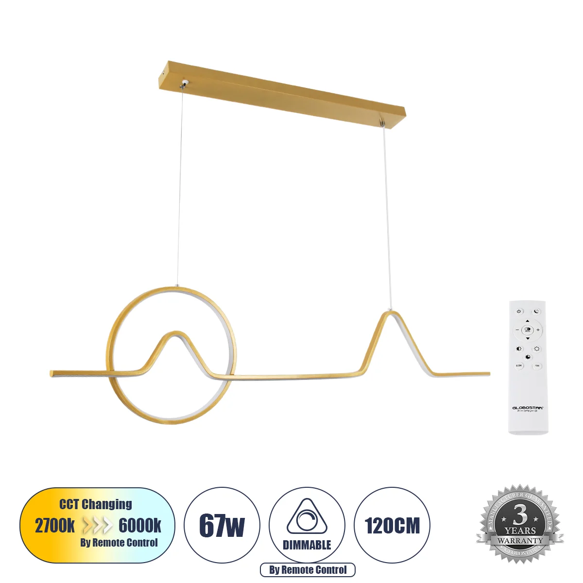 Φωτογραφία προϊόντος: GLOBOSTAR® WINDY 61293 Μοντέρνο Κρεμαστό Φωτιστικό Οροφής LED 67W 7504lm 300° AC 220-240V IP20 Ρυθμιζόμενο Λευκό CCT με Χειριστήριο από 2700K έως 6000K Dimmable - Lumileds SMD Chip
