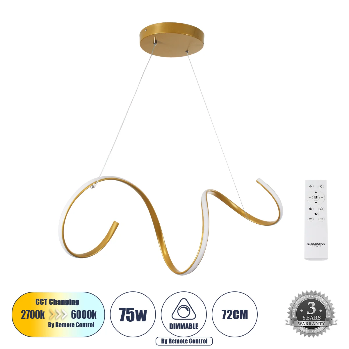 Φωτογραφία προϊόντος: GLOBOSTAR® SPIRALE 61286 Μοντέρνο Κρεμαστό Φωτιστικό Οροφής LED 75W 8400lm 300° AC 220-240V IP20 Ρυθμιζόμενο Λευκό CCT με Χειριστήριο από 2700K έως 6000K Dimmable - Lumileds SMD Ch