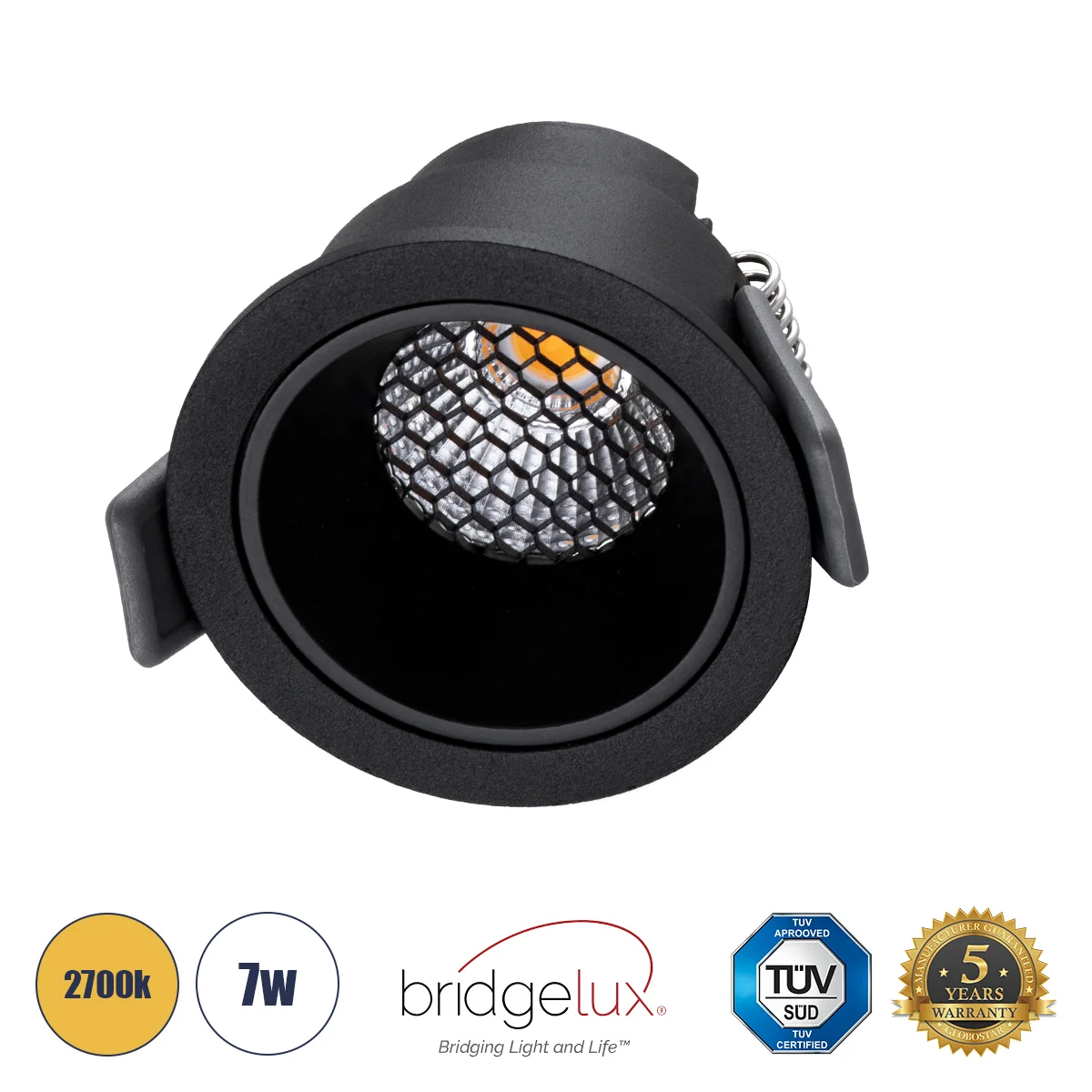 Φωτογραφία προϊόντος: GLOBOSTAR® PLUTO-S 60251 Χωνευτό Downlight Σποτ με Honeycomb Anti Glare Reflector LED 7W 875lm 38° AC 220-240V IP20 Θερμό Λευκό 2700K - Bridgelux COB Chip & TÜV SÜD Driver - Μαύρο