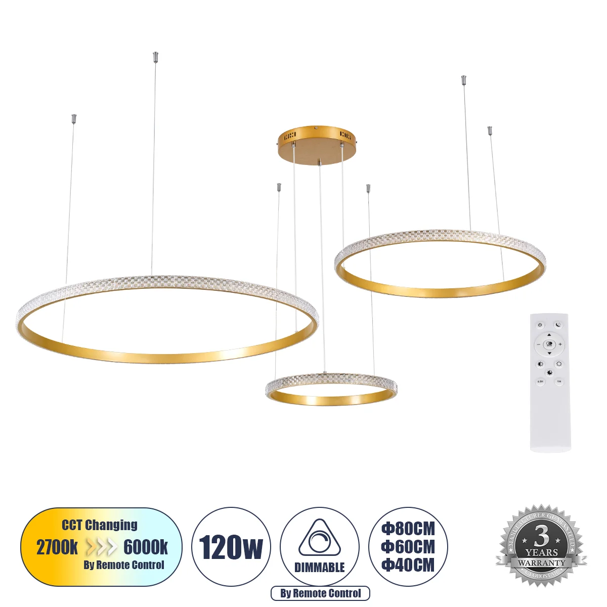 Φωτογραφία προϊόντος: GLOBOSTAR® DIAMOND TRIO 61145 Μοντέρνο Κρεμαστό Φωτιστικό Οροφής LED 120W 14723lm 360° AC 220-240V IP20 Ρυθμιζόμενο Λευκό CCT με Χειριστήριο από 2700K έως 6000K Dimmable - Lumileds