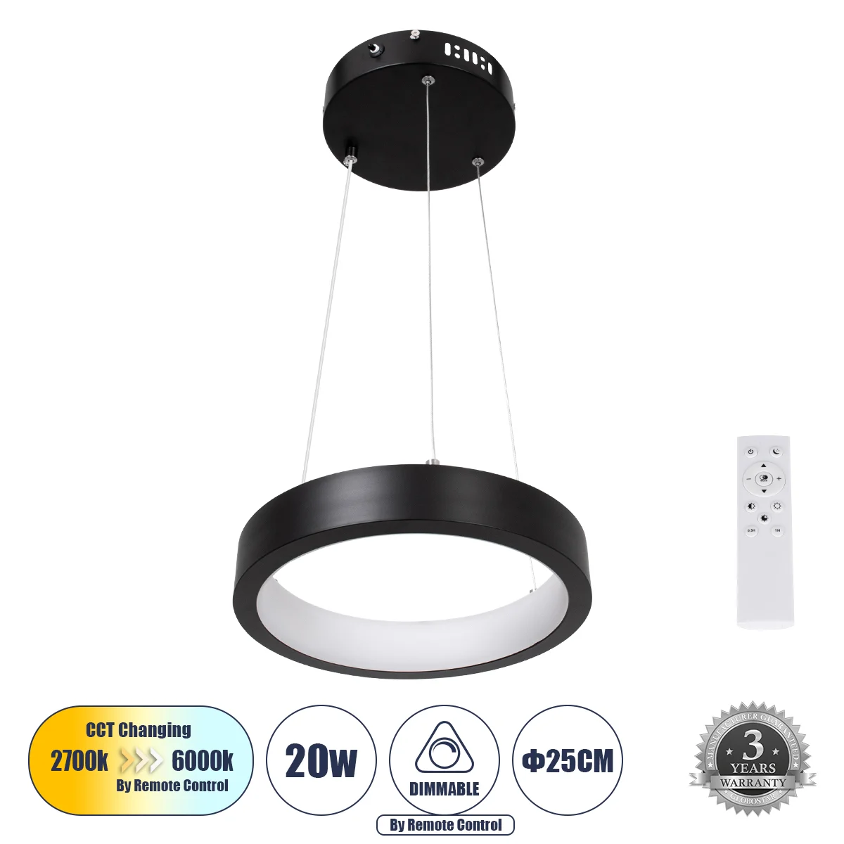 Φωτογραφία προϊόντος: GLOBOSTAR® NEMESIS 61152 Μοντέρνο Κρεμαστό Φωτιστικό Οροφής LED 20W 2000lm 360° AC 220-240V IP20 Ρυθμιζόμενο Λευκό CCT με Χειριστήριο από 2700K έως 6000K Dimmable - Lumileds SMD Ch