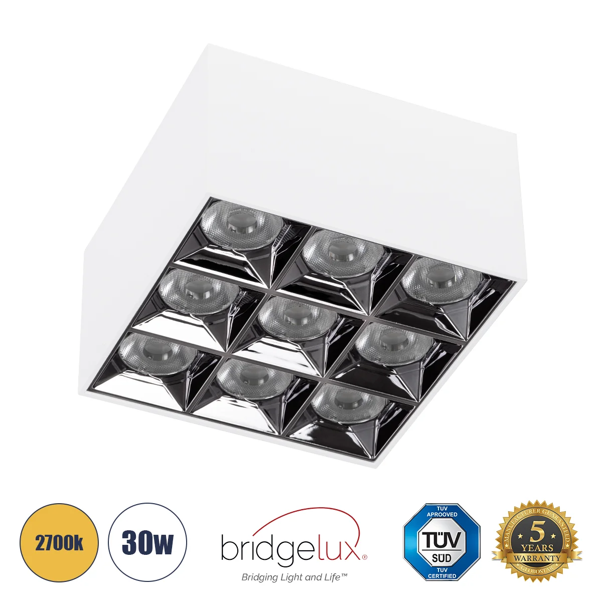 Φωτογραφία προϊόντος: GLOBOSTAR® LUMINAR 60339 Downlight Σποτ LED 30W 4050lm 36° AC 220-240V IP20 Θερμό Λευκό 2700K - Osram SMD Chip & TÜV SÜD Driver - Λευκό Ματ - Μ12 x Π12 x Υ6.6cm - 5 Χρόνια Εγγύηση