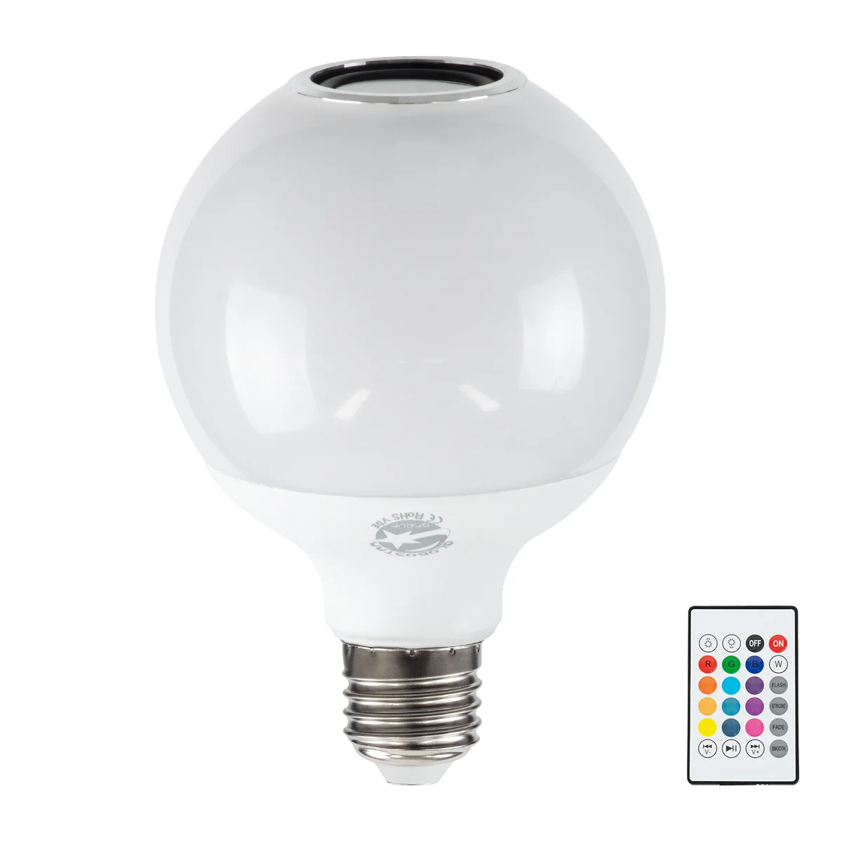 Φωτογραφία προϊόντος: GLOBOSTAR® RGBOO 76072 Λάμπα E27 G95 με IR Ασύρματο χειριστήριο & 3W Bluetooth Ηχείο LED 12W 780lm 260° AC 220-240V IP20 Πολύχρωμο RGBW Dimmable - Sanan SMD Chip - Μ13 x Π25 x Υ43c