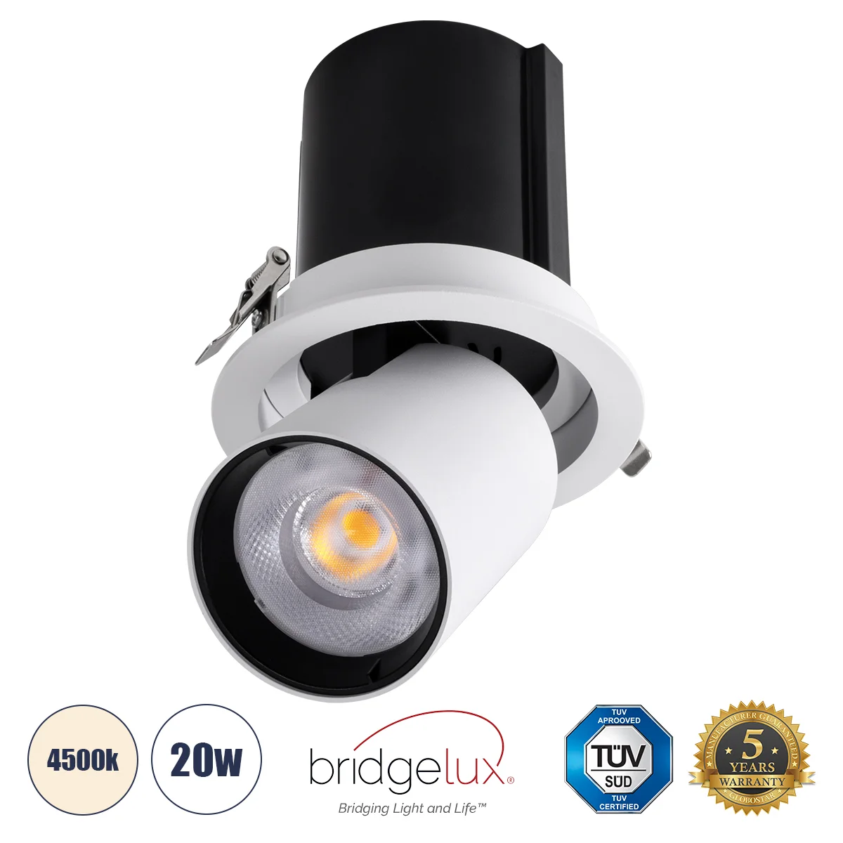 Φωτογραφία προϊόντος: GLOBOSTAR® VIRGO-B 60310 Χωνευτό Κινούμενο Downlight Σποτ LED 20W 2600lm 36° AC 220-240V IP20 Φυσικό Λευκό 4500K - Bridgelux COB Chip & TÜV SÜD Driver - Λευκό & Μαύρο Ματ - Μ13.5 x