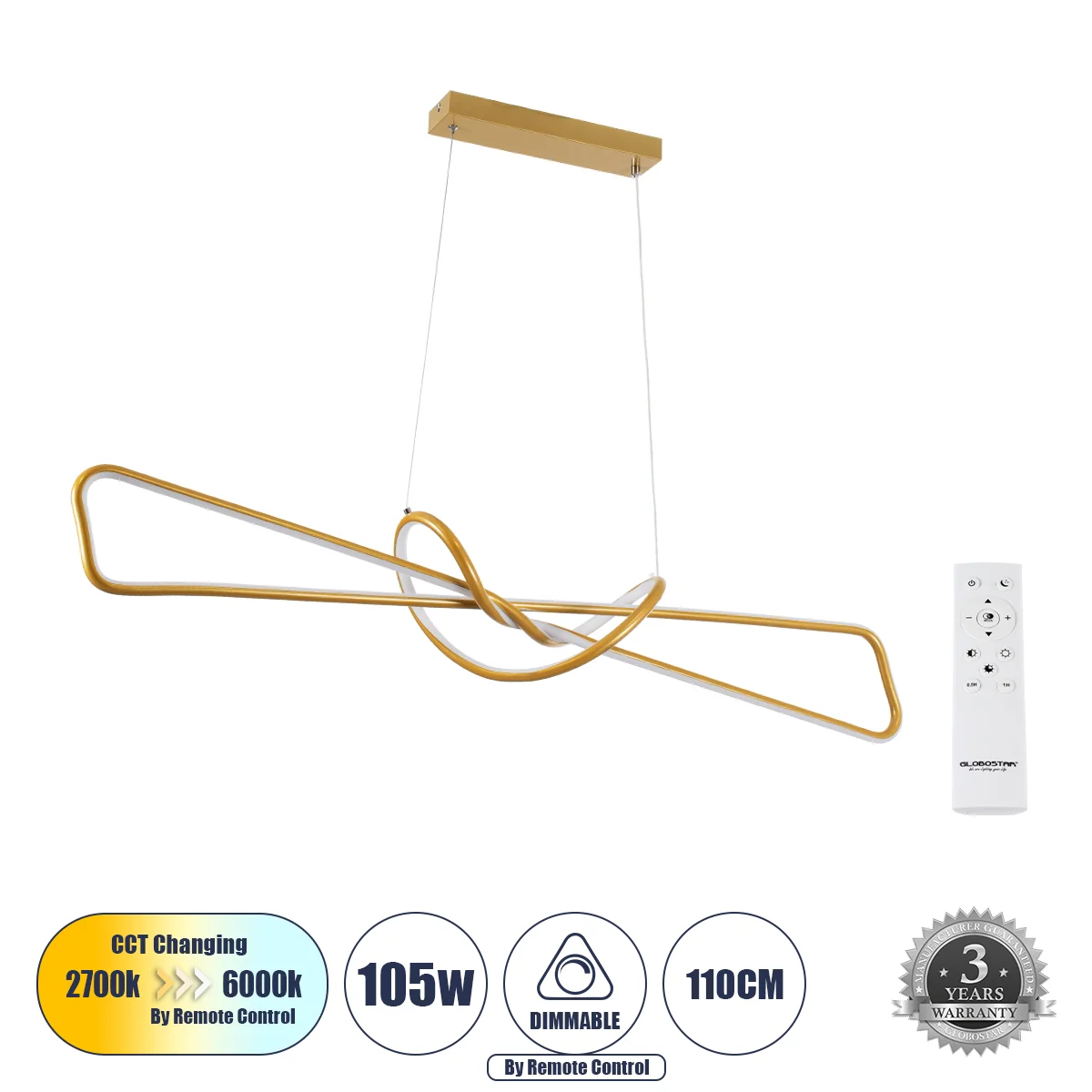 Φωτογραφία προϊόντος: GLOBOSTAR® DOLORES 61282 Μοντέρνο Κρεμαστό Φωτιστικό Οροφής LED 105W 11760lm 300° AC 220-240V IP20 Ρυθμιζόμενο Λευκό CCT με Χειριστήριο από 2700K έως 6000K Dimmable - Lumileds SMD