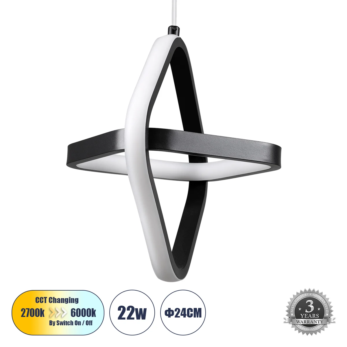 Φωτογραφία προϊόντος: GLOBOSTAR® ROSE 61064 Μοντέρνο Κρεμαστό Φωτιστικό Οροφής LED 22W 2640lm 300° AC 220-240V IP20 Ρυθμιζόμενο Λευκό CCT με On/Off 2700K/4500K/6000K - Lumileds SMD Chip - Μαύρο Ματ - Μ2